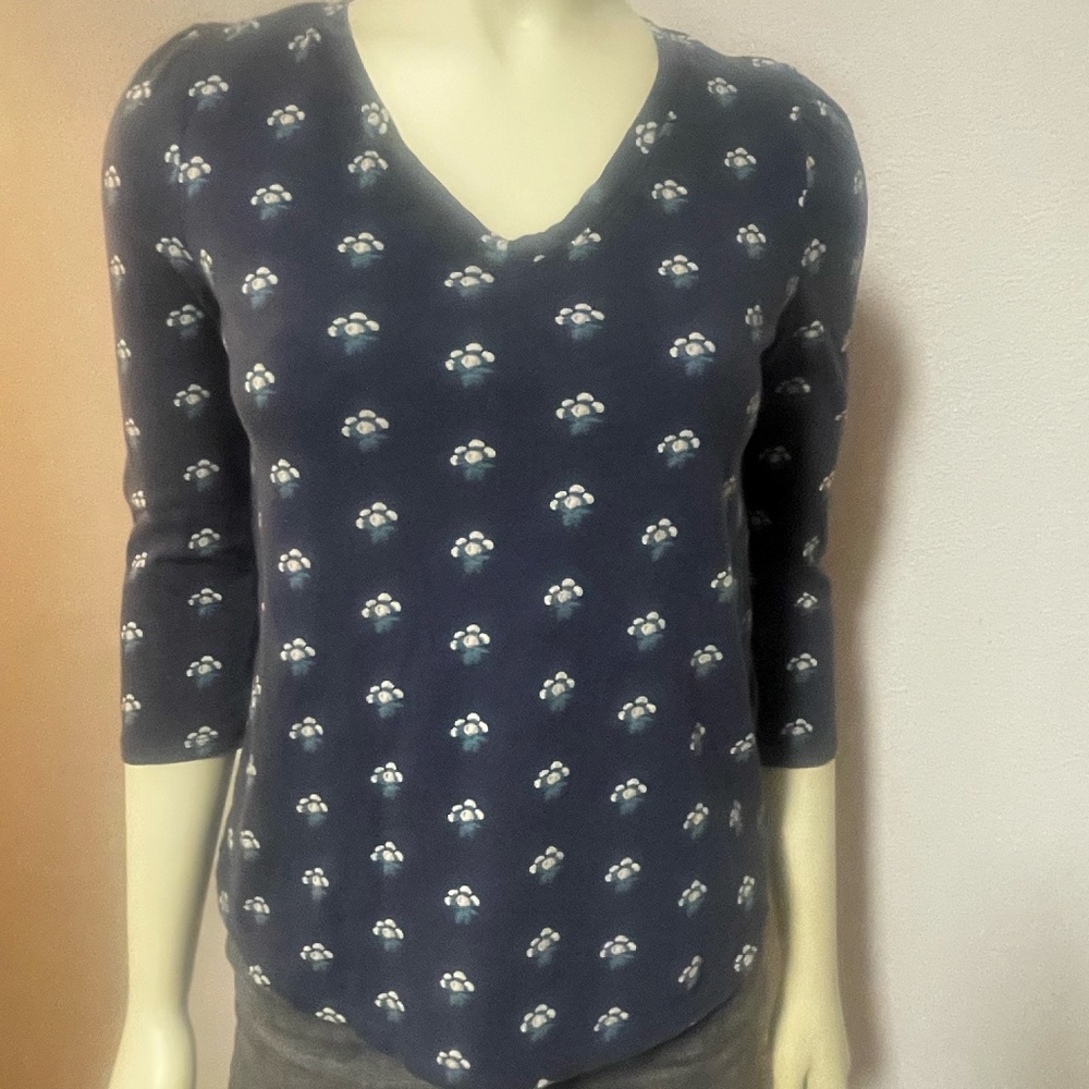 Lucky Brand Puff Sleeve 3/4 v neck tee shirt XS Blue Floral